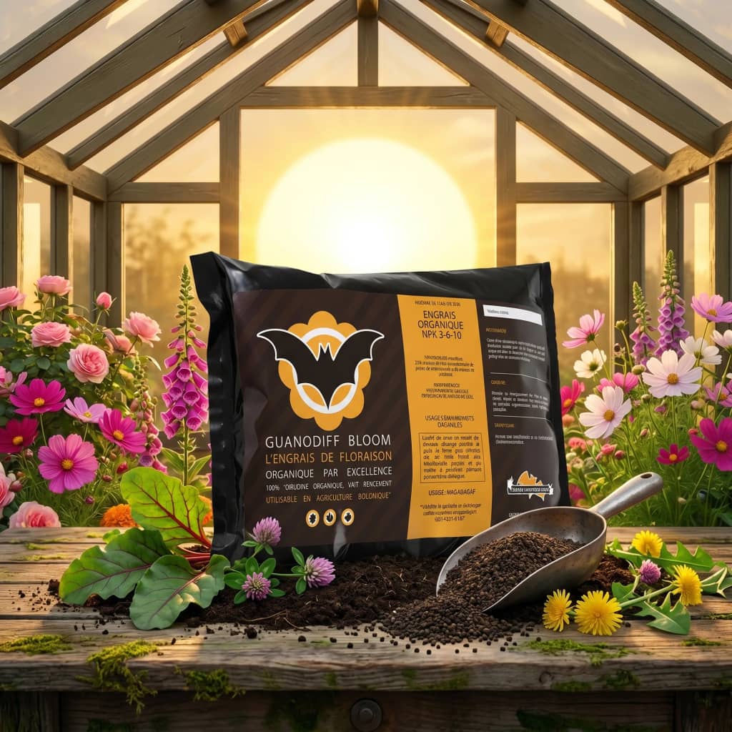 Bat Guano Bloom, engrais organique de floraison NPK 3-6-10 au guano de chauve-souris, vue face